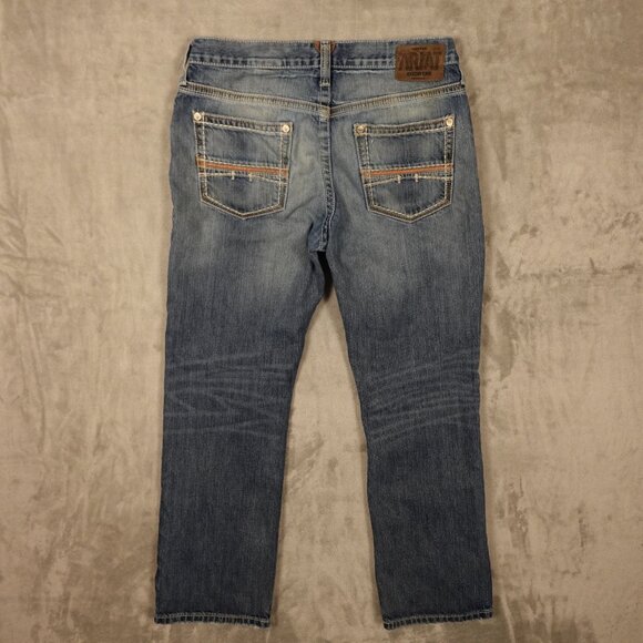 Ariat M4 Low Rise Bootcut Men’s Jeans 34x32 Blue Distressed Durango Denim - Fair - Picture 13 of 16